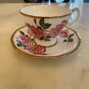 Queen Anne “Royal Roses” England Floral Teacup and Saucer Set with Gold Trim